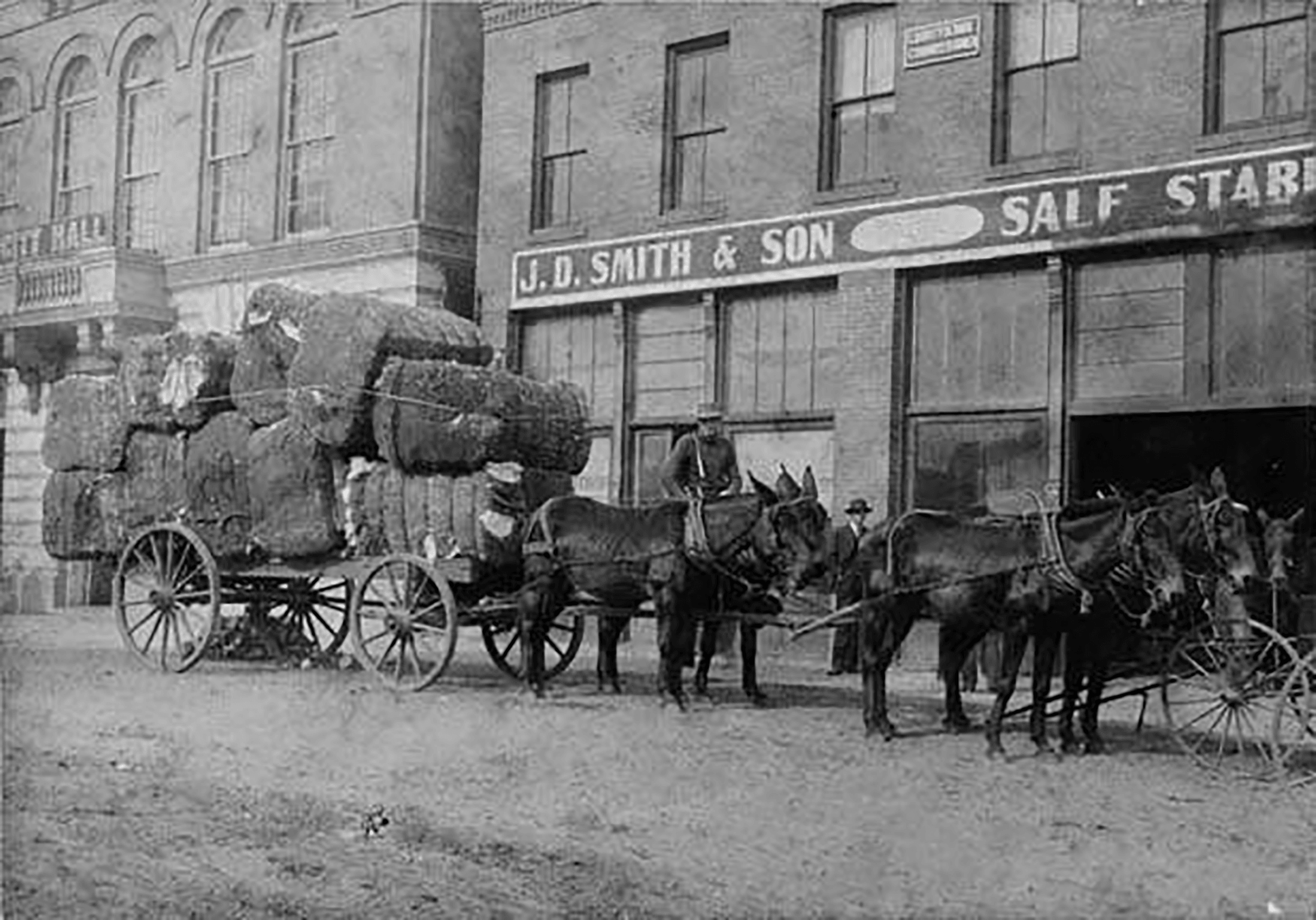 Dublin 1900 Mule drawn wagon loaded with bales of cotton in front of J D Smith Son Stable located on